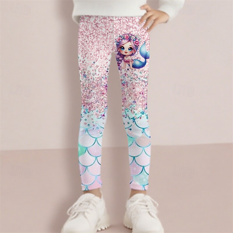 Girls' 3D Cartoon Mermaid Pants Leggings Spring Fall Cute Basic Kids 4-12 Years Outdoor Casual Daily Regular Fit