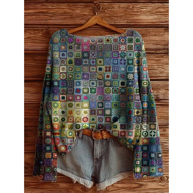 Women's Sweater Casual Soft Geometric Vintage Long Sleeve Crew Neck Regular Tops Daily Holiday Print Yellow Blue Purple Green Spring Fall Winter3