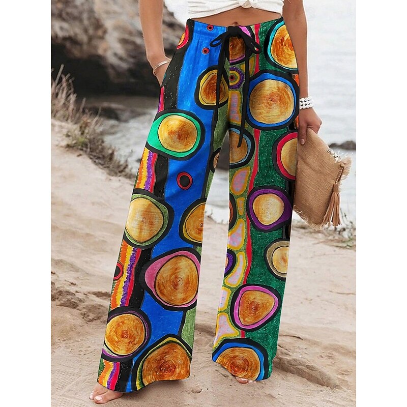 Women's Wide Leg Pants Trousers Vacation Casual Long High Waist Geometic Elastic Waist Printing High Cut Breathability Soft Micro-elastic Vacation Street Daily Wear Blue Spring Fall Regular Fit