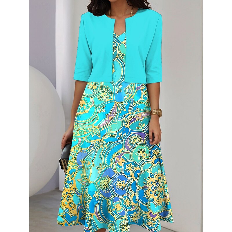 Women's Two Piece Dress Sets Midi Dress with Jacket Elegant A Line Dress Half Sleeve Casual Semi Formal Ombre Floral Print V Neck Date Light Yellow Blue Green Regular Fit2