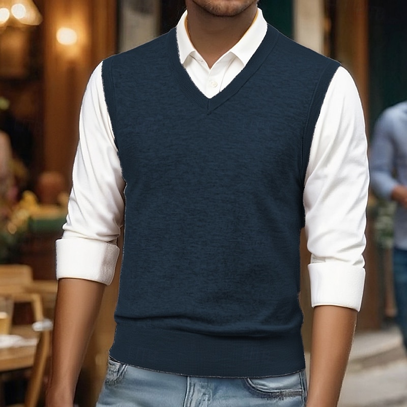 Men's Sweater Vest Dress Sweater Pullover Sweater Jumper Vest Knit Sweater Ribbed Knit Regular Tops Knitted Plain V Neck Fashion Casual Vacation Daily Wear Clothing Apparel Spring Fall Camel Black S4
