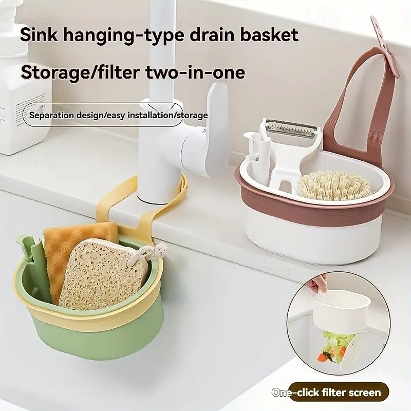 Hanging Sink Kitchen Basin Residue Filter Multi-Functional Drain Basket Quick Drain Kitchen Tools Ergonomic Handle Kitchen Sink Organizer Suitable for Kitchen Sponges and Cleaning Use2