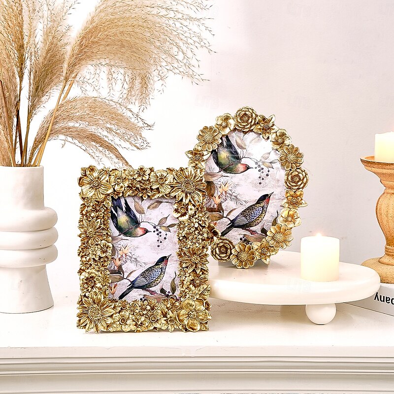 Gold Floral Embossed Resin Photo Frame – 3D Flower Design Tabletop Picture Frame, Horizontal & Vertical Display for Home Decor and Photography Props