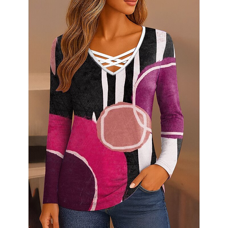 Women's T Shirt Graphic Geometric Vintage Stylish Classic Long Sleeve V Neck Regular Tops Daily Cut Out Print Pink Blue Brown Green Spring Fall4