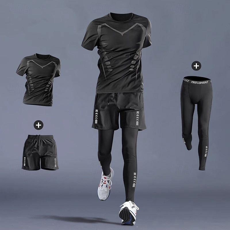 Men's Workout Suits 3 Piece Sports Set Solid Colored Clothing Suit Summer 1# 2# Basketball Running Yoga High Waist Quick Dry Short Sleeve Sport Activewear Micro-elastic Regular Fit4