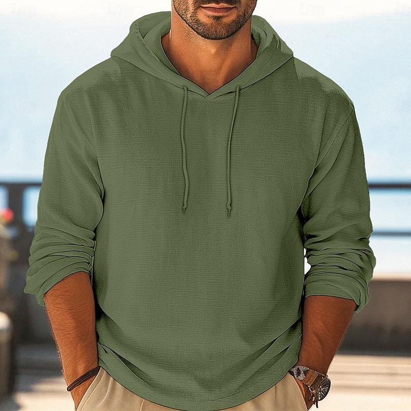 Men's Henley Shirt Tee Linen T-Shirt Long Sleeve Hooded Summer Spring All Seasons Solid Color Plain Fashion Designer Casual Color Block Buttons Outdoor Casual Daily White Pink Burgundy Top Tee for Men