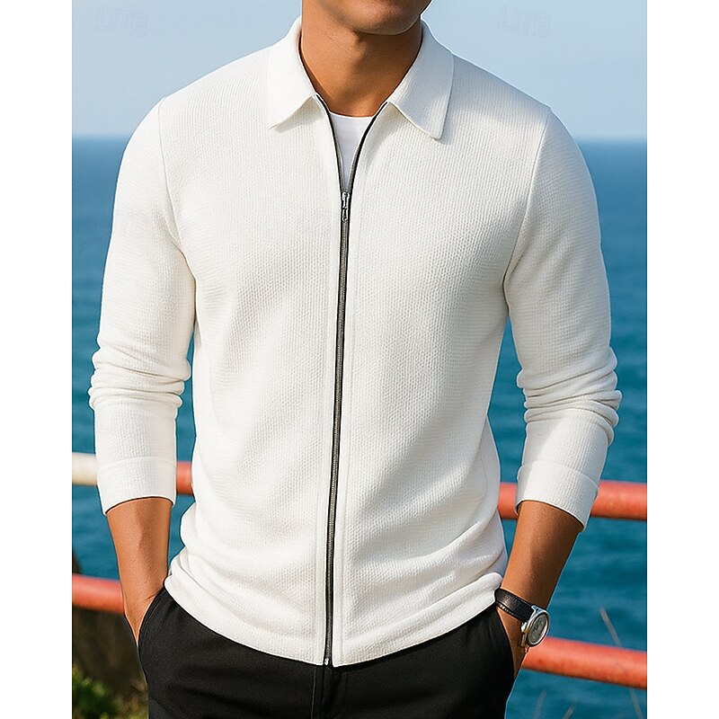 Men's Casual Coats Lounge Jacket Full Zip Jacket Waffle Long Sleeve Top Athleisure Solid Colored Outdoor Travel Sports Sportswear Activewear Black White Blue3