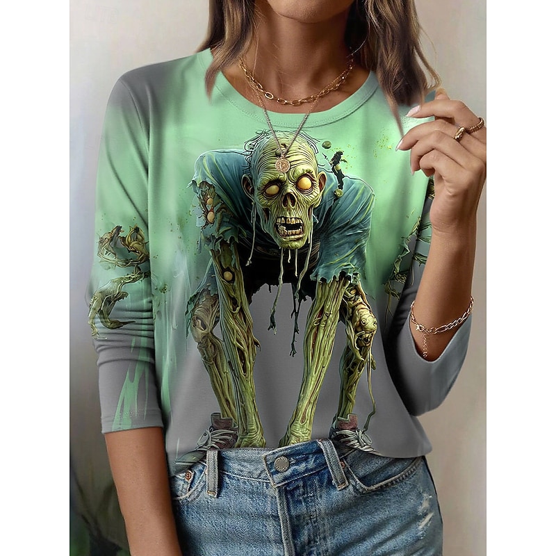 Halloween Women's T Shirt Skulls Graphic Vintage Fashion Stylish Long Sleeve Crew Neck Regular Tops Daily Weekend Print Yellow Blue Purple Green Summer Spring Fall