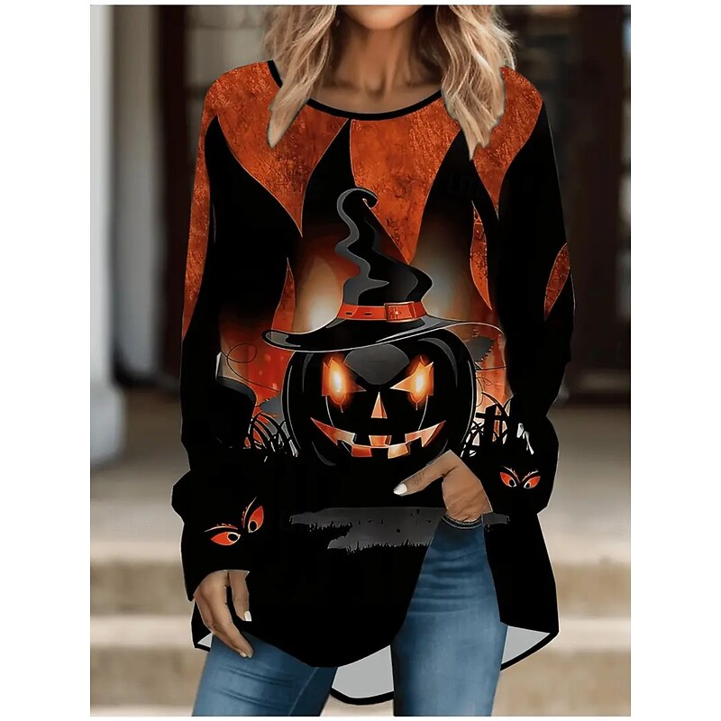 Halloween Women's T shirt Pumpkin Graphic Vintage Stylish Classic Long Sleeve Crew Neck Round Neck Long Tops Daily Print Blue Purple Orange Green Spring Fall