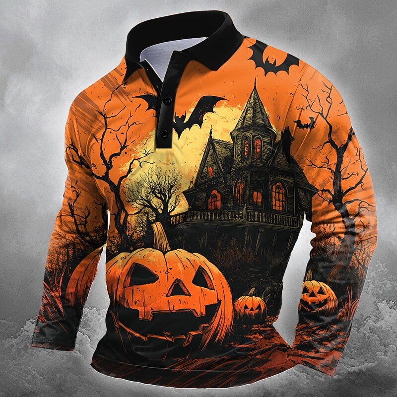 Halloween Men's Pumpkin Bat Polo Long Sleeve Polo Shirts Lapel Casual Dark Street Athleisure Festival Outfit 3D Print Buttons Spring Fall Winter orange1 Orange  22