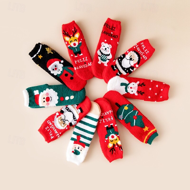 Christmas Socks for Women, Cute Mid-Calf Plush Fuzzy Socks, Faux Mink Winter Warm Socks with Cartoon Reindeer & Santa Claus Design, Holiday Gift Cozy Sleep Socks3
