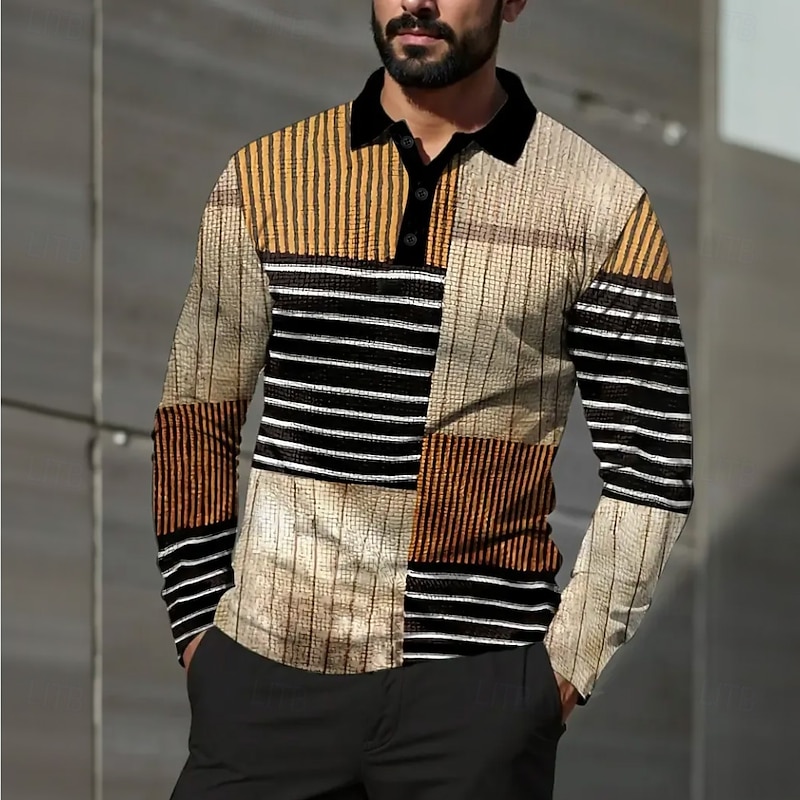 Men's Color Block Waffle Polo Shirts Long Sleeve Polo Shirts Collared Shirts Business Casual Business Wear to work Daily Wear Buttons Spring Fall Winter Black Yellow Red4