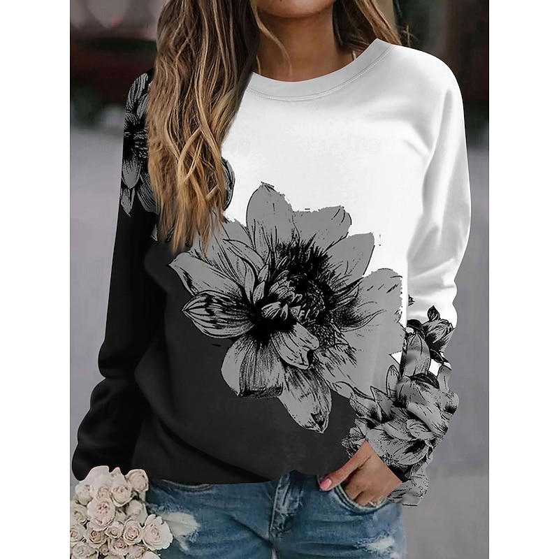 Women's Sweatshirts Floral Graphic Casual Long Sleeve Crew Neck Regular Tops Street Casual Holiday Print White Pink Blue Purple Spring Fall Winter