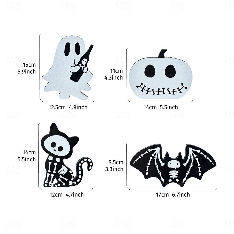 4PCS Halloween Party EVA Foam Decorations – Black & White Pumpkin, Black Cat, Ghost, and Bat Festive Tabletop Ornaments, Day of the Dead Window Display Props2
