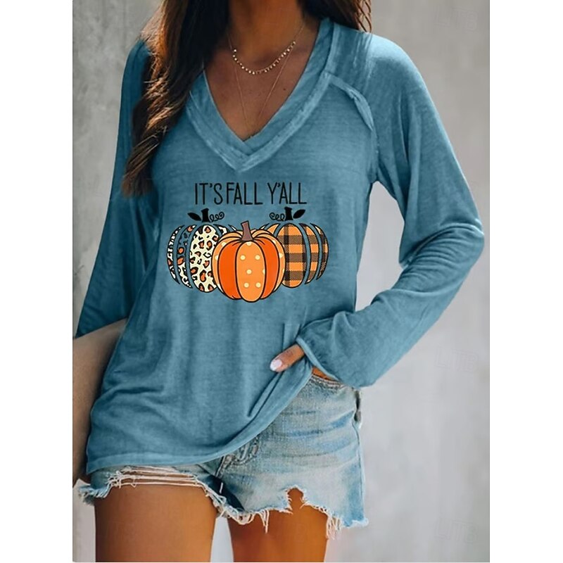 Halloween Women's T shirt Pumpkin Long Sleeve Graphic Vintage Stylish Classic Long Sleeve V Neck Regular Tops Daily Print Black White Pink Blue Orange Spring Fall Prefall4