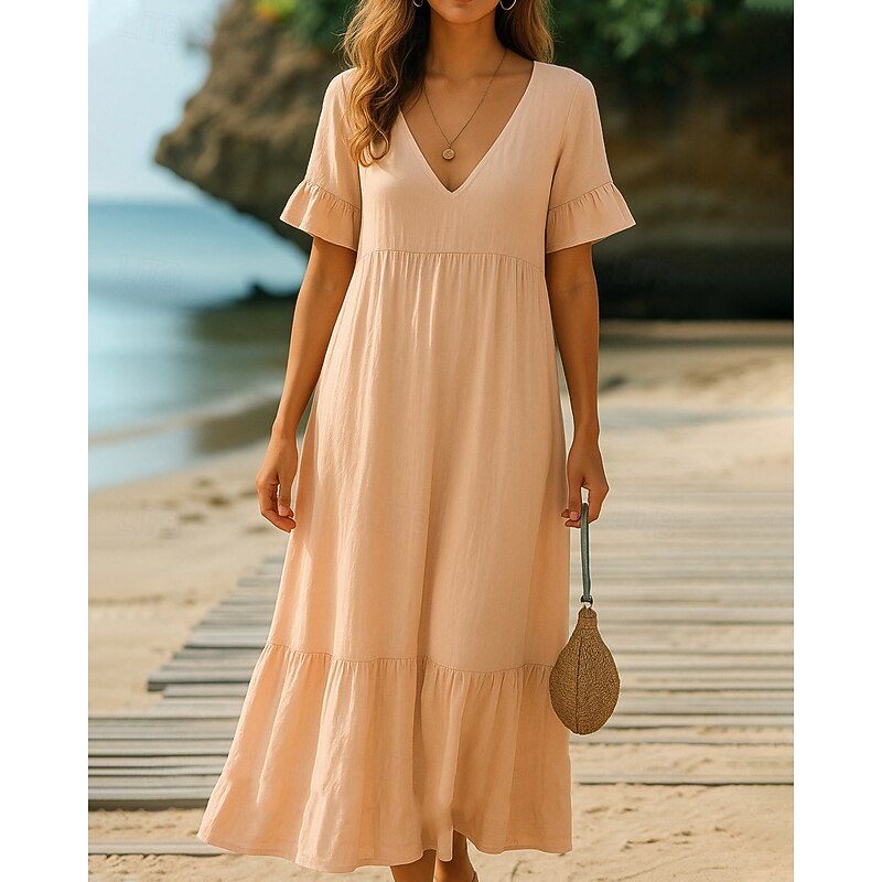 Women's Midi Dress Peplum Dresses Ruched Dress Fashion Modern Outdoor Going out Weekend Regular Fit Plain Short Sleeve V Neck White Blue Orange Green Fall