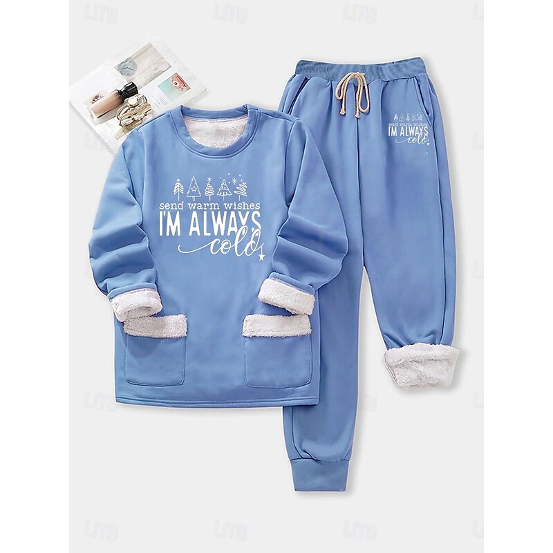 Women's Warm Daily Two Piece Sets Tracksuit Pants Sets Long Sleeve Crew Neck Graphic Letter Drawstring Print Casual Daily Black Blue Gray Fall Regular Fit