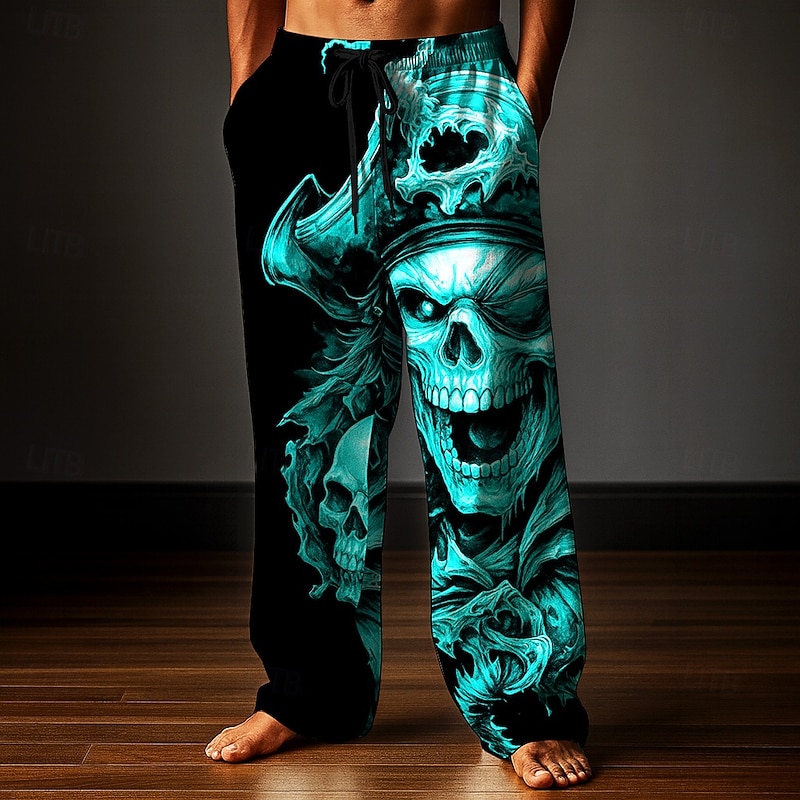 Men's Trousers Baggy Pants Casual Pants Elastic Drawstring Waist Linen-Like Pants with Pockets Skull Pirate Full Length Holiday Dark Punk Gothic Style White Red Inelastic4