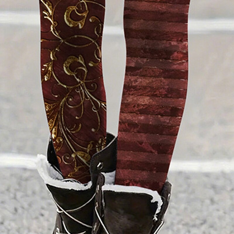 Women's Pants Trousers Leggings Cozy Leggings Streetwear Casual Full Length High Waist Floral Striped Elastic Waist Print Breathability Comfortable Stretchy Vacation Street Daily Wear Dark Red Summer3