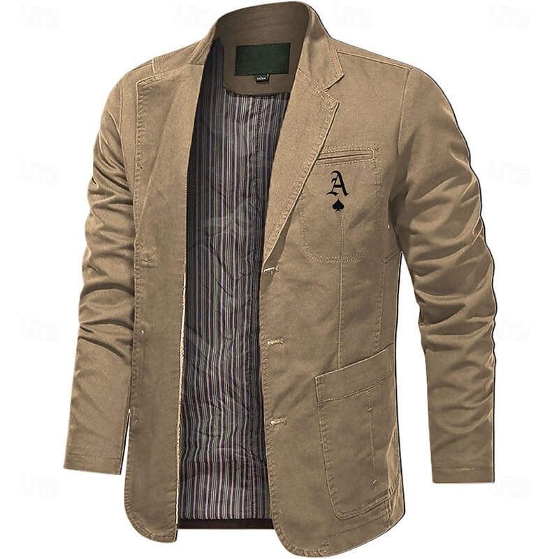 Men's Letter Print Cotton Suit Jacket Suits Coat Blazer Casual Outdoor Dailywear Long Sleeve Notch Lapel Collar Outwear Pockets Button Down Stripe Lined Suit Jacket Fall Winter Black khaki Army Green3