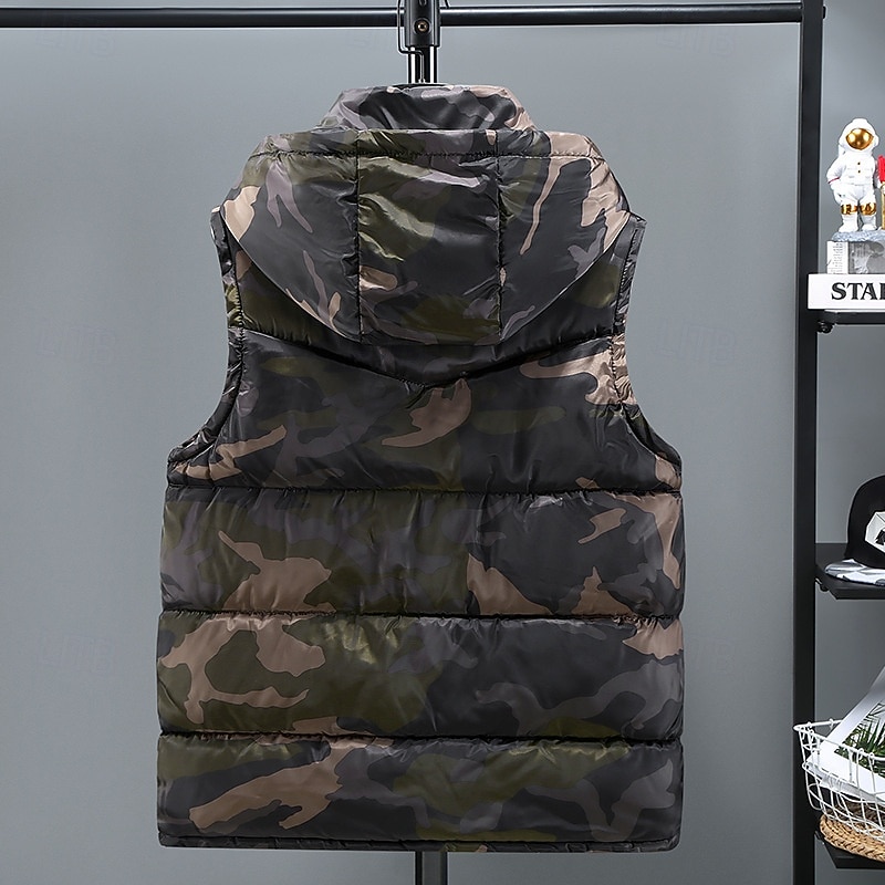 Men's Puffer Vest Vest Gilet Vacation Daily Date Fashion Casual Winter Pocket Polyester Warm Comfortable Camouflage Zipper Hooded Regular Fit Black Green Light Grey Vest2
