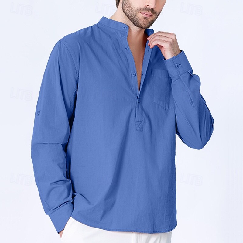 Men's Shirt Band Collar Shirt Popover Shirt Casual Shirt Black White Yellow Royal Blue Sky Blue Long Sleeve Plain Henley Vacation Daily Front Pocket Clothing Apparel Fashion Streetwear2