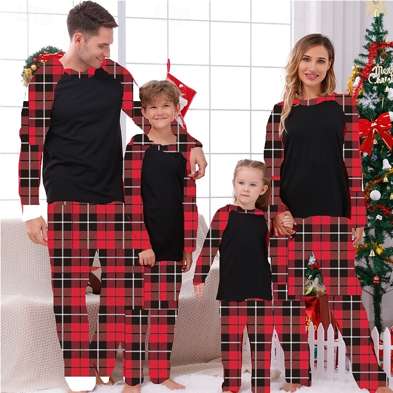 Family Pajamas Plaid Christmas Pattern Home Print Black Dark Red Wine Long Sleeve Active Matching Outfits