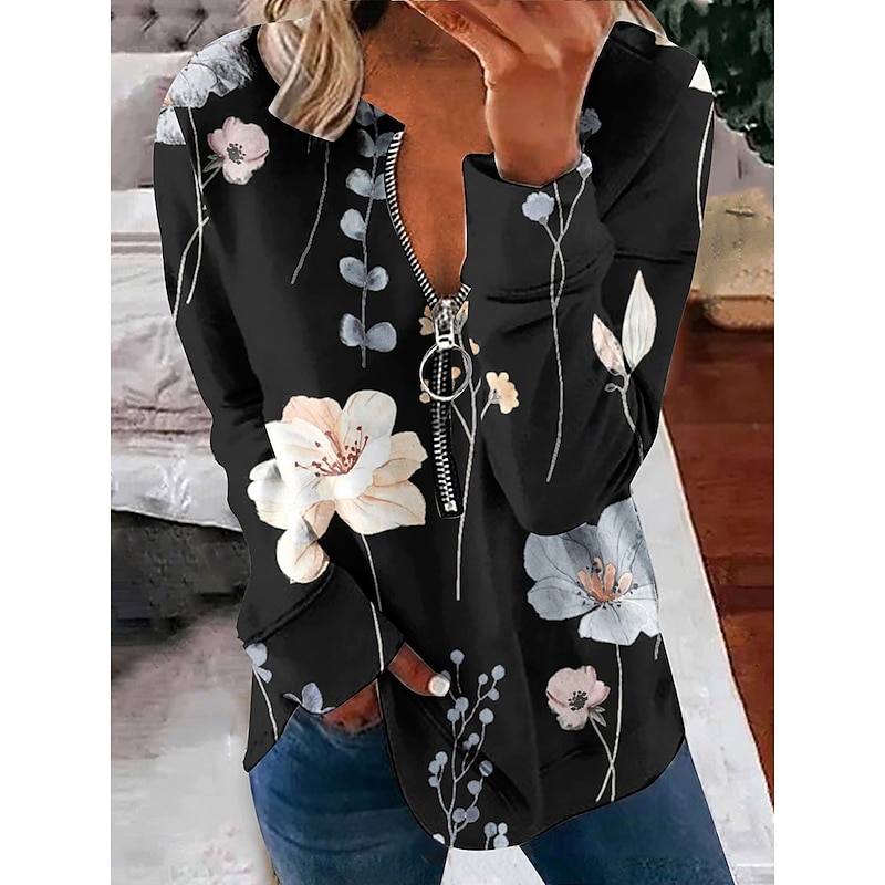 Women's Pullover Sweatshirt Zip Up Sweatshirts Floral Graphic Fashion Casual Long Sleeve Crew Neck Regular Tops Street Dailywear Zipper Print Black White Light Green Light Blue Spring Fall Winter3
