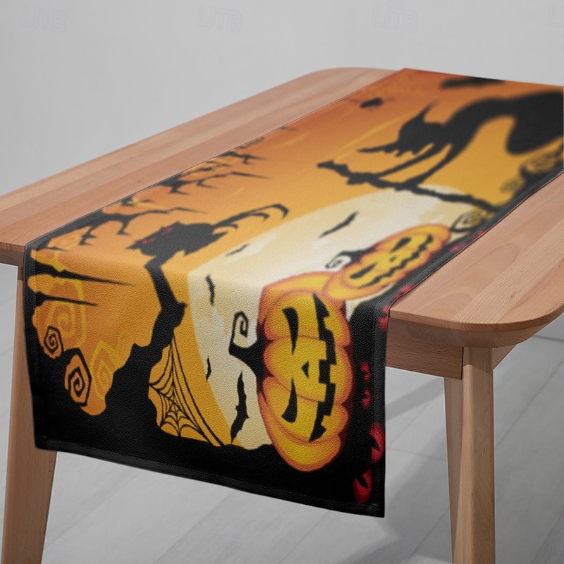 Halloween Table Runner - Digital Printed Rectangular Tablecloth 33x180cm, Spooky Party Decor for Restaurant Banquet Dining (Black/Orange)