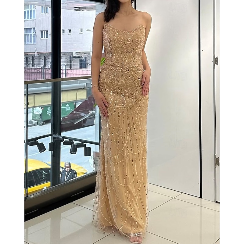 Champagne Sheath / Column Sequined Evening Gown with Detachable Satin Overskirt Elegant Dress Formal Wedding Sweep / Brush Train Sleeveless Pleats Lace Up 20253