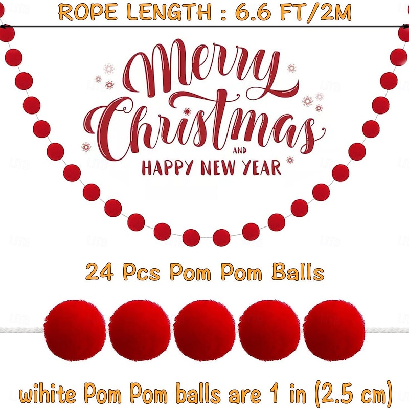 3pcs Christmas Pom Pom Garland,Felt Ball Christmas Garland, Wool Yarn Colorful Ball Decorations, Hanging Ornaments for Christmas Tree, Holiday Home and Party Decor2