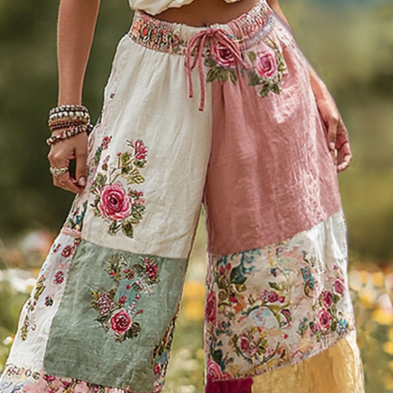 Women's Wide Leg Pants Trousers Palazzo Pants Fashion Boho Full Length High Waist Color Block Flower Drawstring Elastic Waist Print Breathability Comfortable Street Daily Wear Going out Pink Spring2