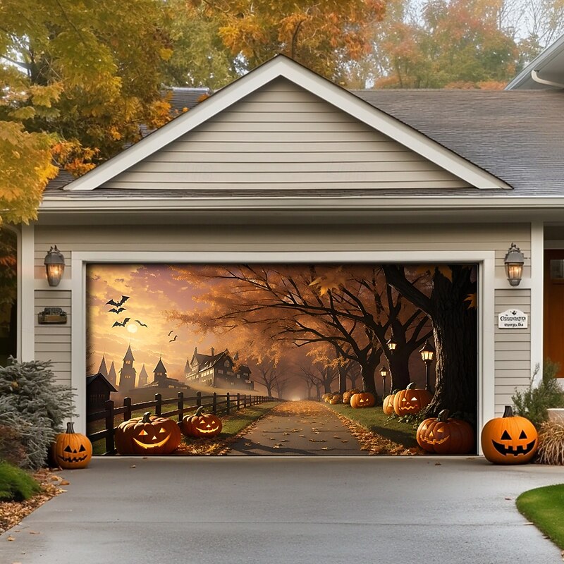 Halloween Tapestry Garage Door Cover Large Hanging Backdrop Pumpkin Forest Dark Punk Gothic Style Party Outdoor Shooting Backgrounds Front Door Home Decor