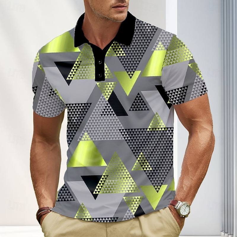 Men's Abstract Geometic Polo Short Sleeve Polo Shirts Lapel Business Casual Business Athleisure 3D Print Buttons Summer Blue Gold Green2