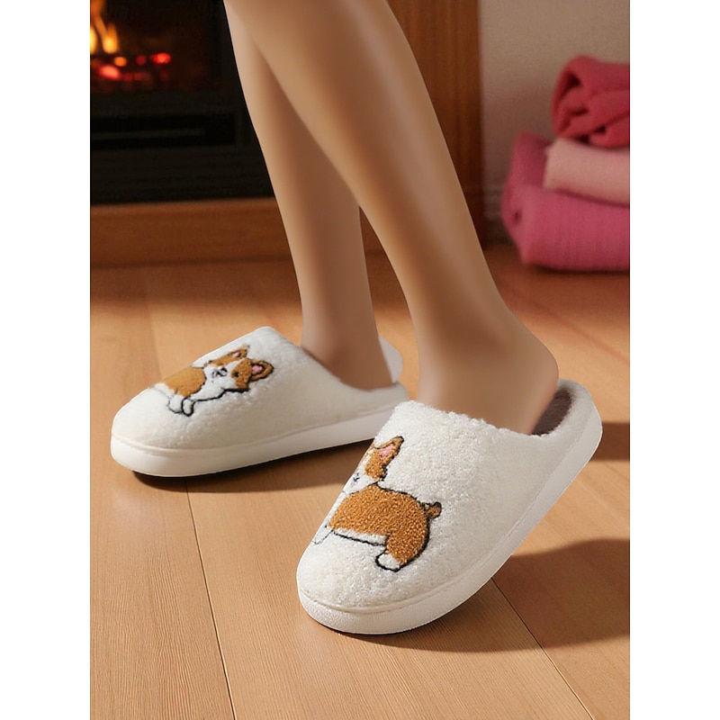 Women's White Faux Fleece Slippers with Cute Corgi Pattern– Cozy Indoor Winter House Shoes for Home, Bedroom and Lounge3