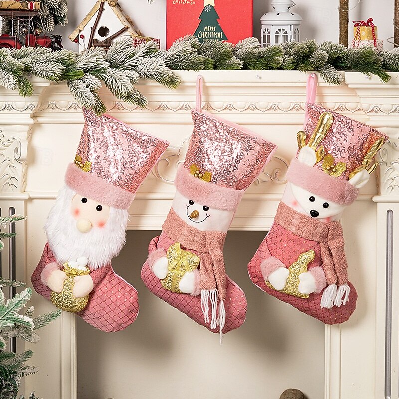 Christmas Stocking European Style Pink Sequin Holiday Sock Luxury Gift Bag for Christmas Presents Home Fireplace Festive Party Seasonal Decoration Accessory