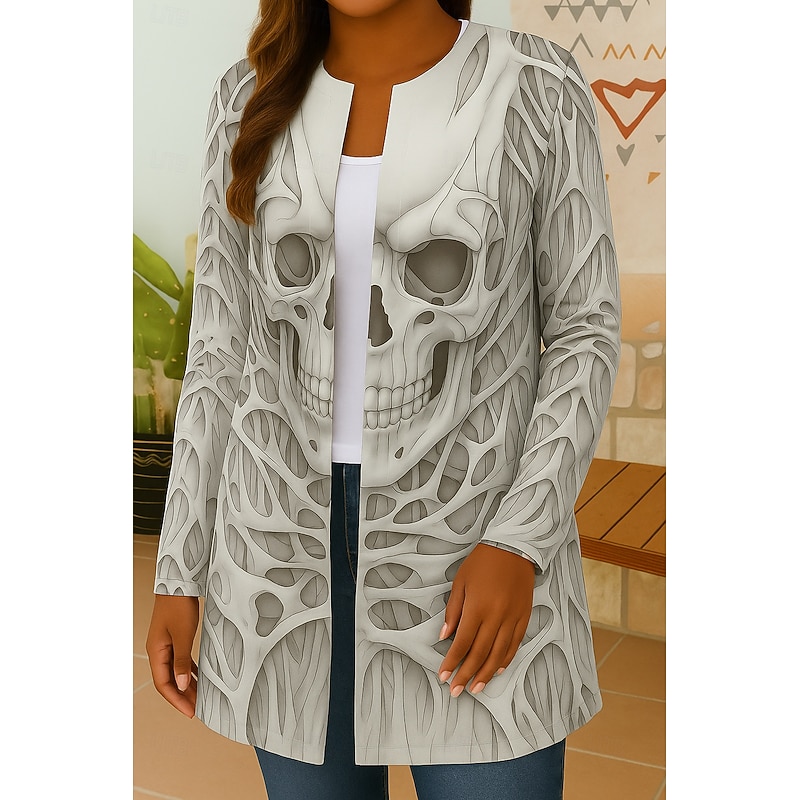 Halloween Women's Blazer Windproof Skulls Warm Pocket Color Block Open Front Modern Boho Vintage Skull Casual Daily Casual Daily Short Crewneck Regular Fit Long Sleeve Outerwear Black Fall