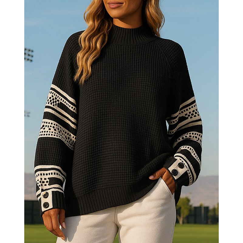 Women's Knitted Pullover Sweater Turtleneck Sweater Long Sleeve Top Athleisure Fall High Neck Patchwork Fashion Outdoor Travel Sportswear Activewear Black White Coffee4
