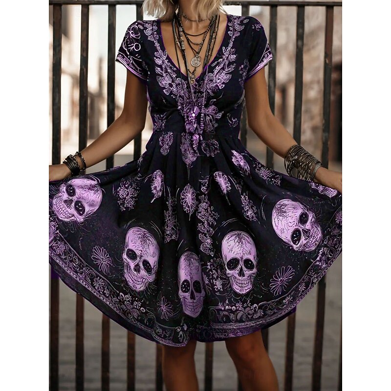 Halloween Women's Skulls Print Mini Dress Casual Dress T Shirt Dress Tee Dress Sundress A Line Dress Vacation Casual Boho Beach  Graphic Skull Short Sleeve V Neck White Pink Blue Purple Spring2