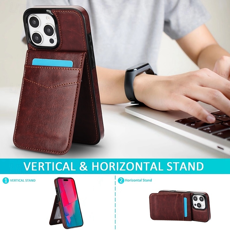 Phone Case For 16 15 14 Pro Max Plus 16e 13 Mini Back Cover Kickstand Card Slot Shockproof Retro TPU PU Leather2