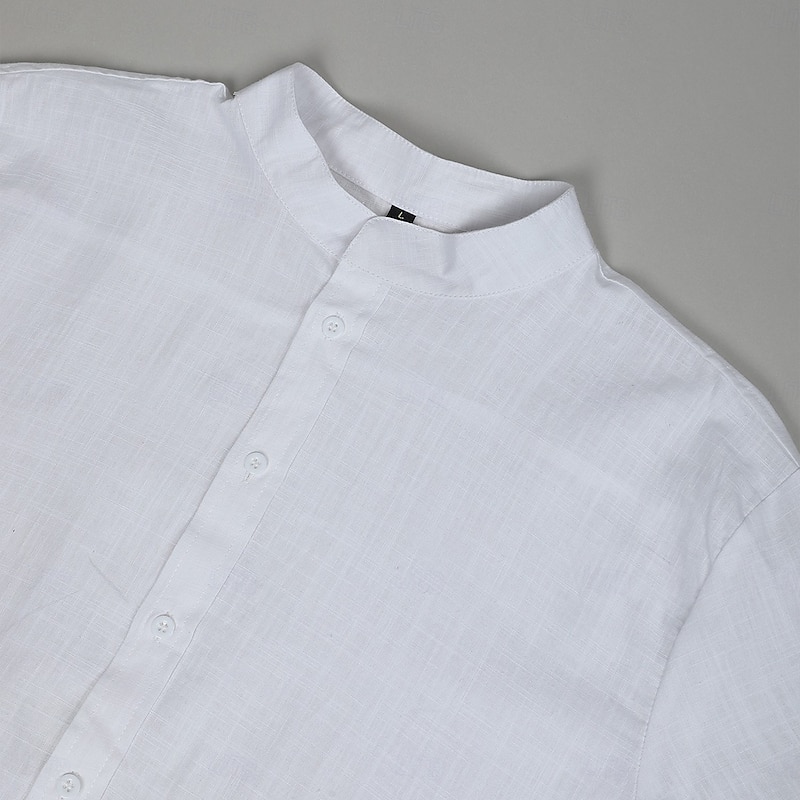 Men's Shirt Linen Shirt Summer Shirt Beach Wear Band Collar Shirt Button Up Shirt Plain Vacation Curise Black White Orange Gray Short Sleeve Mandarin Collar Summer Clothing Apparel3