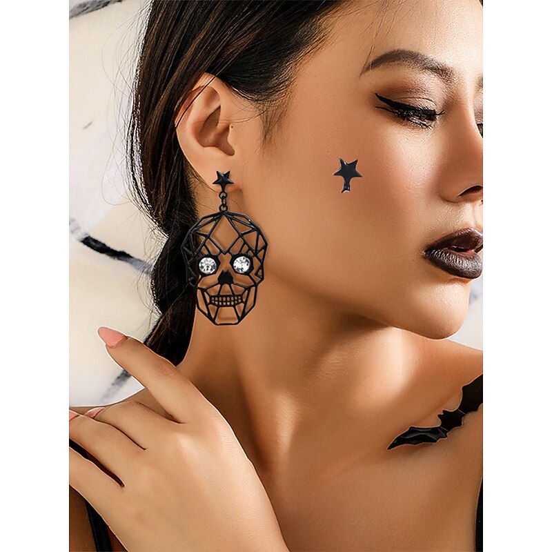 Women's Halloween Dangle Earrings Set — Spider Web & Spider, Skull, Bat & Ghost Designs, Lightweight Black Alloy with Rhinestone Accents, Gothic Style for Costume Parties, Cosplay & Night Out2