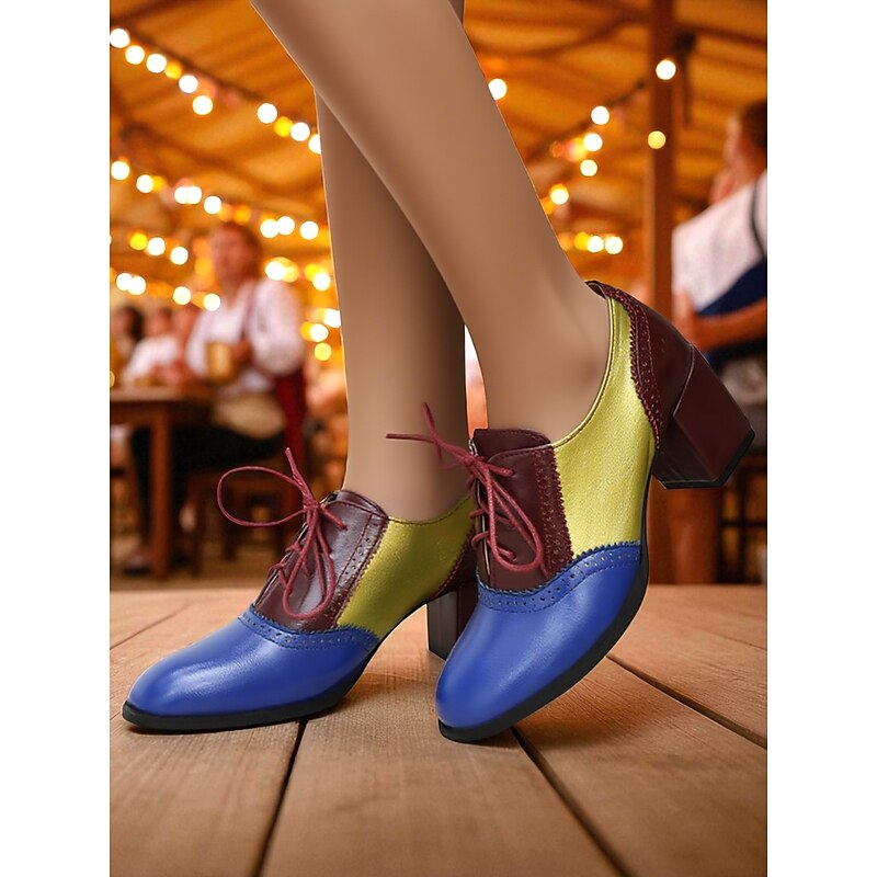 Women's 1950s Color Block Oxford Shoes - Green, Black and Silver Lace-Up Chunky Heel Vintage Style Dress Shoes for Office, Oktoberfest and Retro Fashion Outfits4