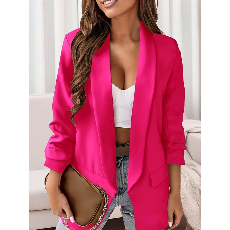 Women's Blazer Comfortable Breathable Pocket Casual Plain Office Street Casual Daily Wear Open Front Regular Turndown Regular Fit Long Sleeve Outerwear Wine Navy Blue Blue Summer Fall4