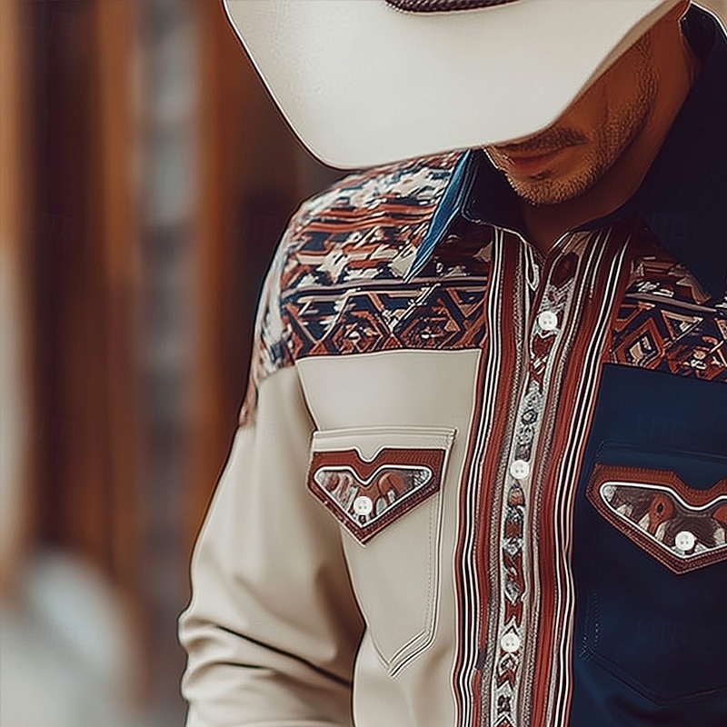 Men's Geometric Aztec Ethnic Shirt Western Shirt Cowboy Shirt Long Sleeve Vintage Retro Outdoor Casual WorkWear Spring Fall Turndown Front Two Pockets Linen Like Shirt Button Up Shirts Pink Light2