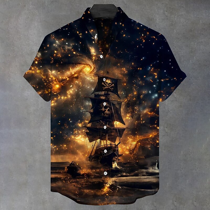 Halloween Men's Sailboat Halloween Costumes Skulls Shirt Button Up Shirt Stand Collar Shirt Short Sleeve Dark Gothic Style Holiday Summer Spring Mandarin Collar 3D Print Linen Like Shirt Black Blue - Main Image