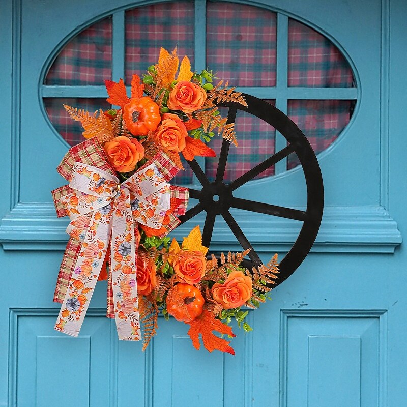 Fall Wreath For Front Door Thanksgiving Indoor Outdoor Decoration Pumpkin Wheel Harvest Festival Autumn Home Hanging Door Decor Seasonal Party Ornament4