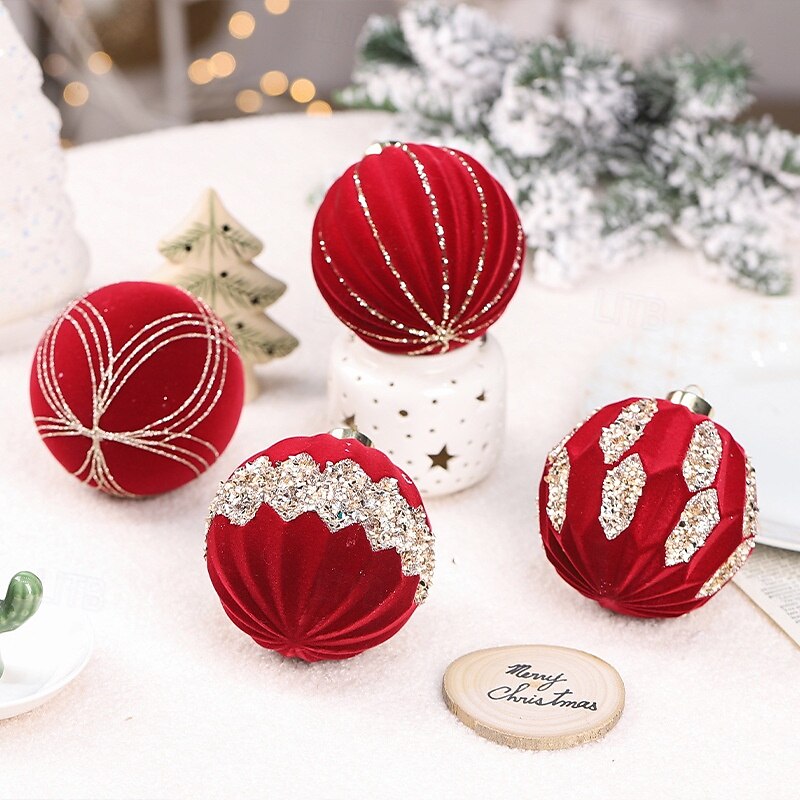 4 pcs Christmas Tree Balls Baubles Ornaments, 10 cm/3.94 inch Xmas Decoration, Glitter Velvet Painted Hanging Set, Premium Holiday Tree Decor4
