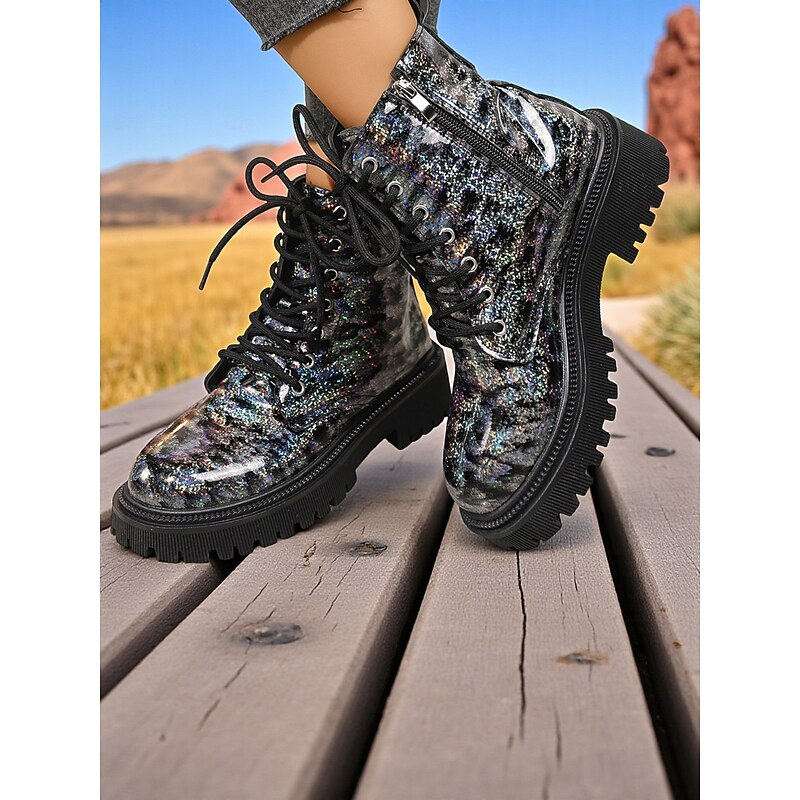 Women's Glitter Leopard Combat Boots Chunky Sole - Fashion Lace-Up Ankle Boots for Women Urban Streetwear and Casual Outfits3