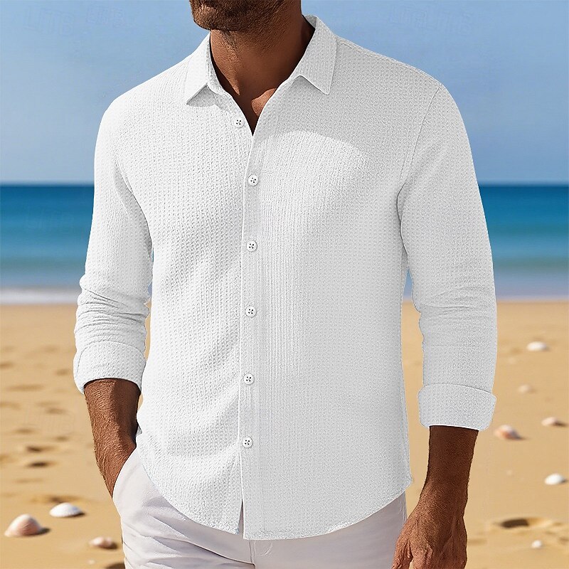 Men's Shirt Waffle Shirt Summer Shirt Casual Shirt Button Up Shirt Black White khaki Light Blue Long Sleeve Plain Textured Lapel Vacation Casual Clothing Apparel Fashion Casual Comfortable2